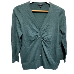 Talbots Cardigan Womens Large‎ Green Wool Blend Ruched Rhinestone Button V-Neck
